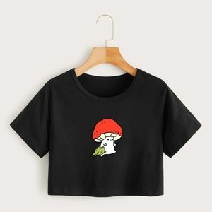 ROMWE 🍄&🐸 Print Crop tee